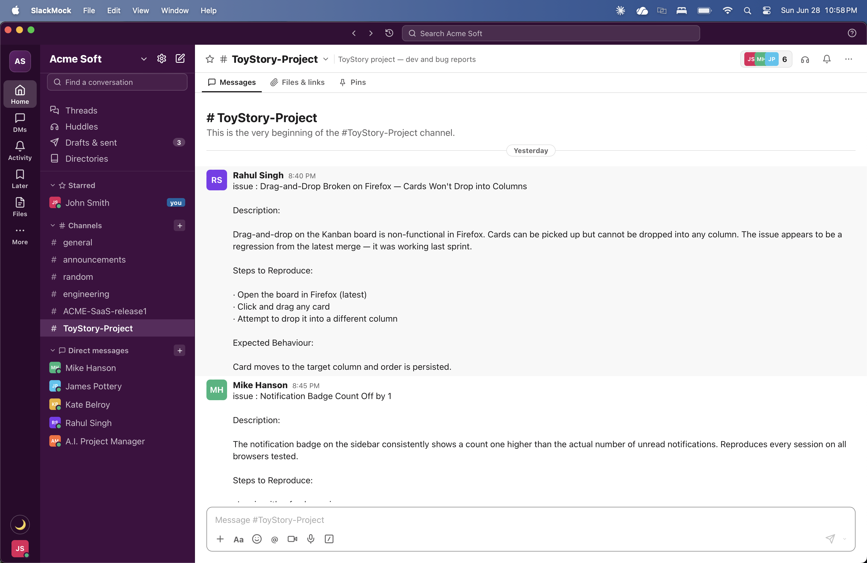 Engineers posting structured bug reports in a Slack channel