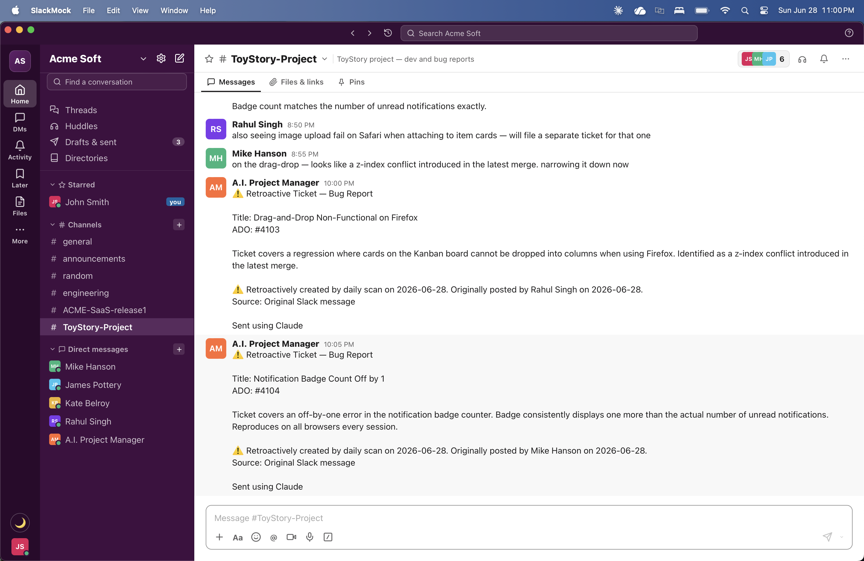 AI Project Manager posting retroactive ticket confirmations in the ToyStory-Project channel