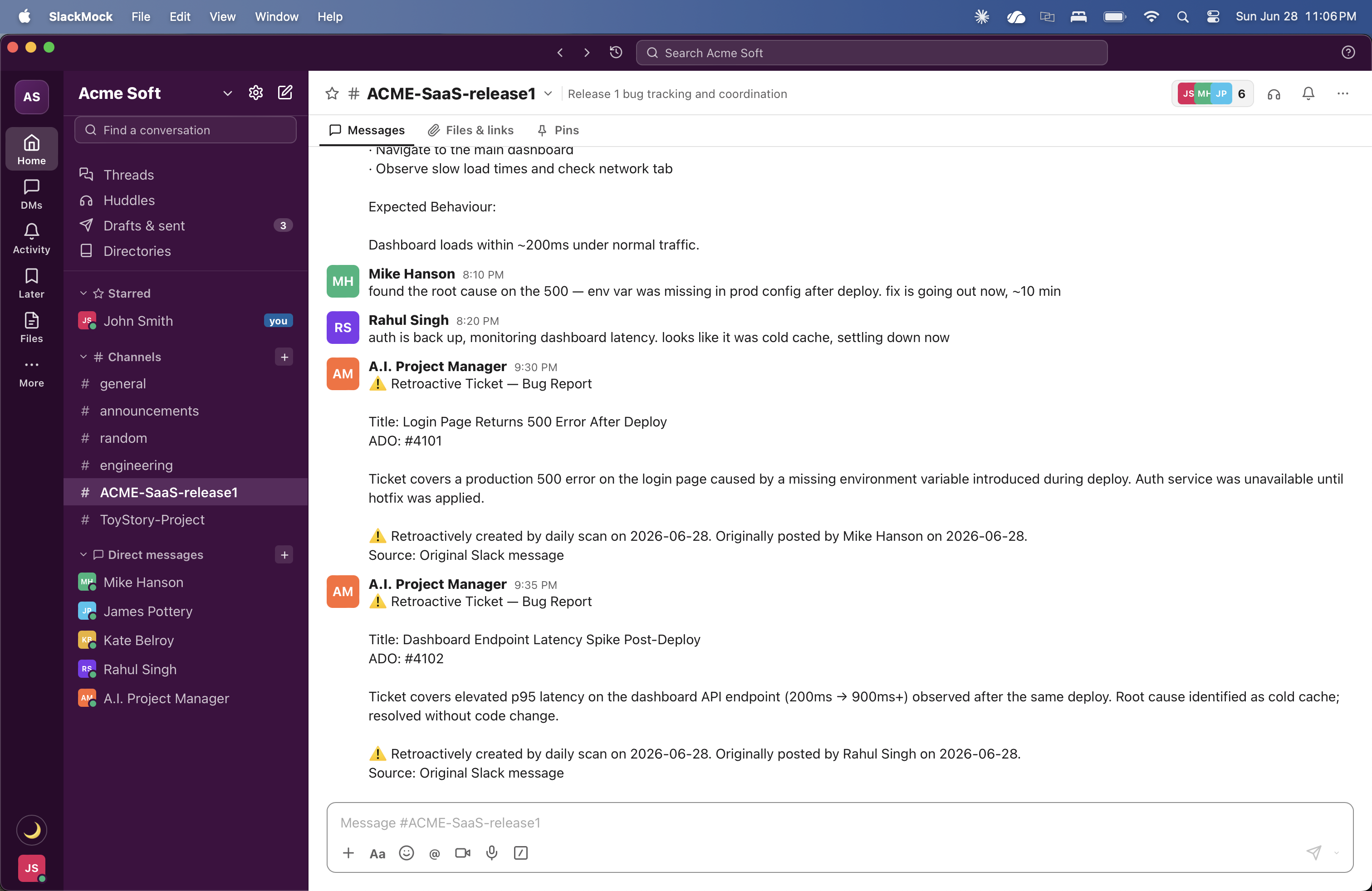 AI Project Manager posting ticket confirmations in the ACME-SaaS-release1 channel