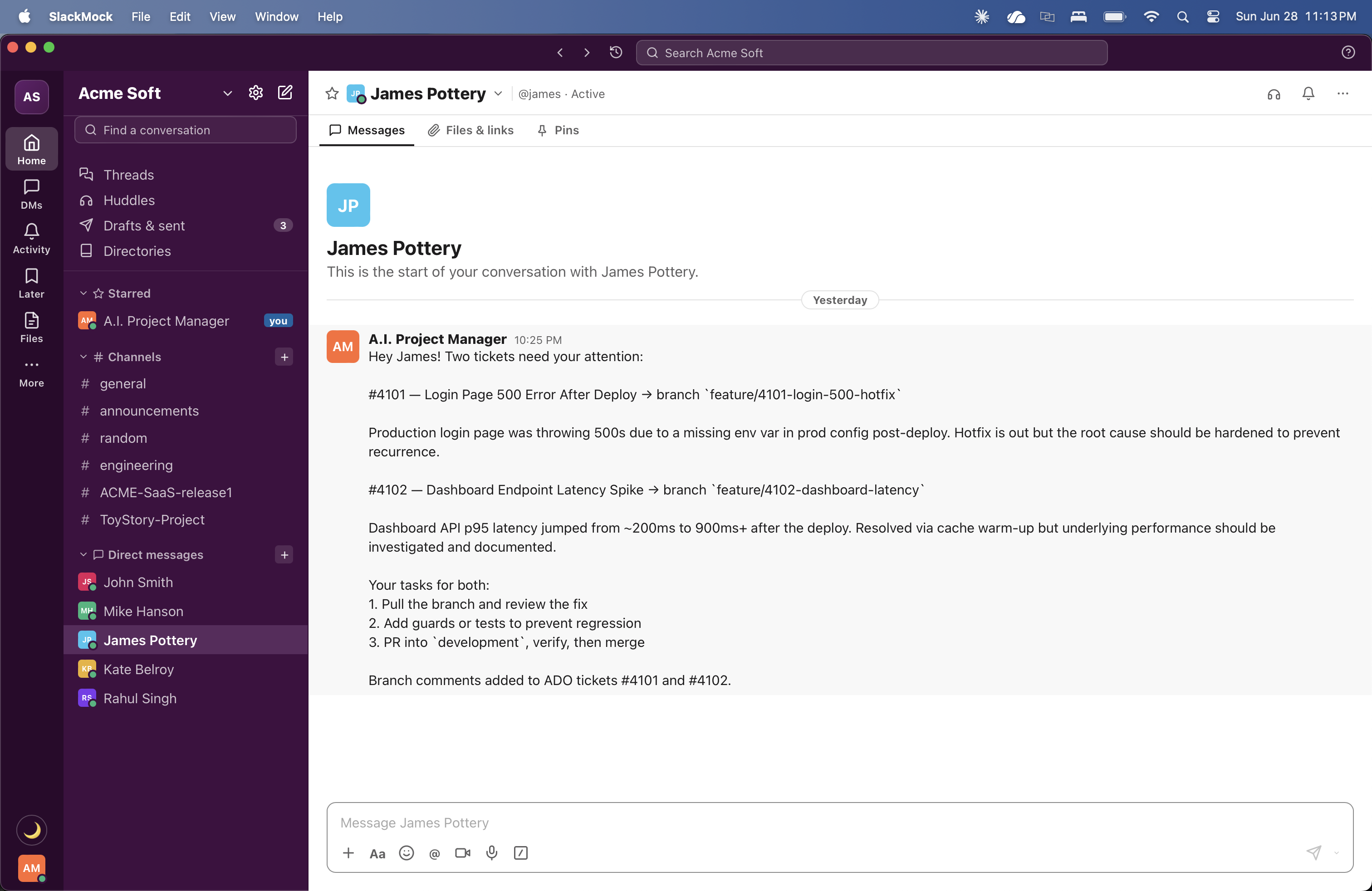 AI Project Manager sending a direct message to James Pottery with his two ticket assignments