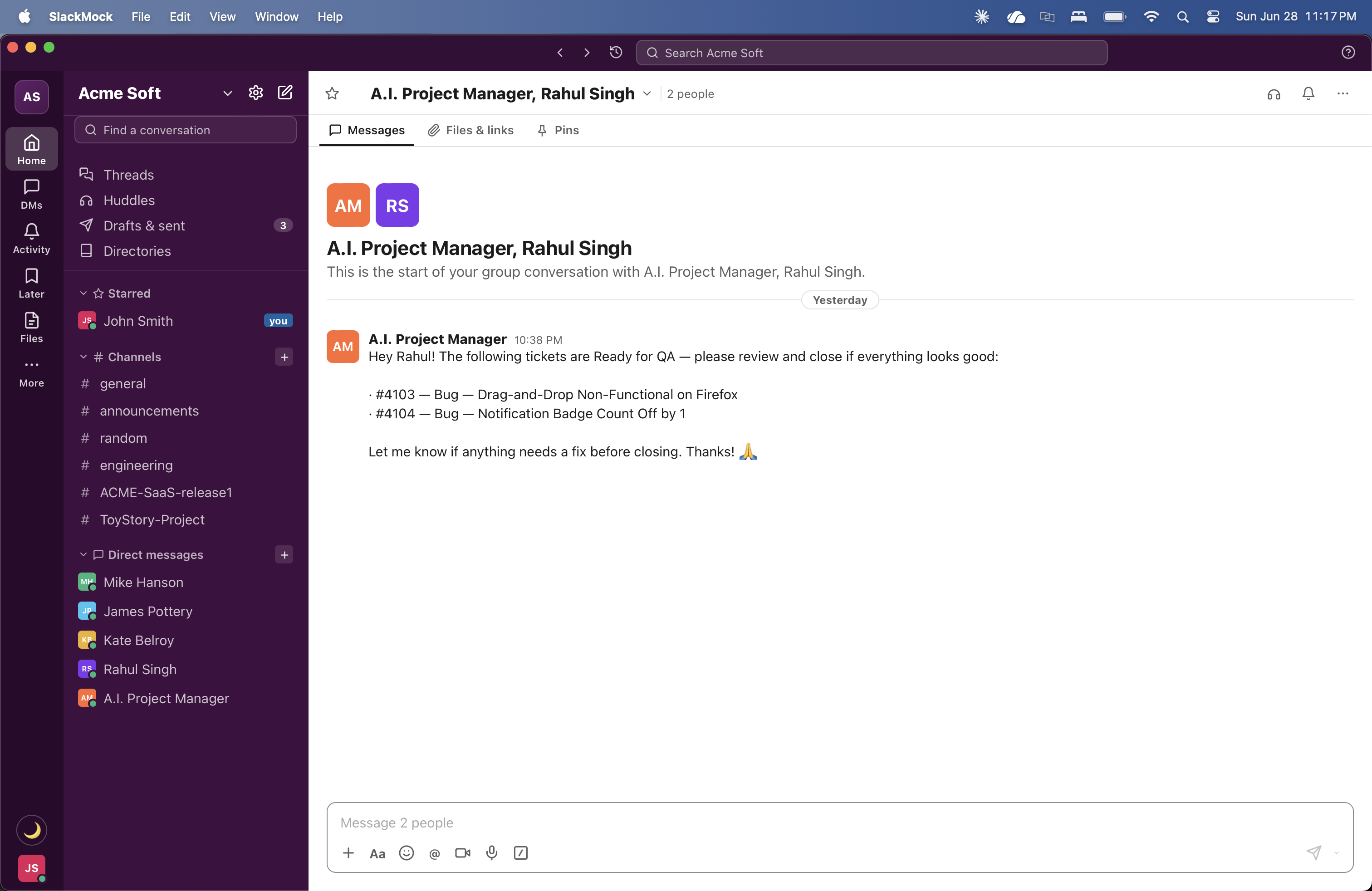 AI Project Manager sending a direct message to Rahul Singh listing tickets ready for QA review