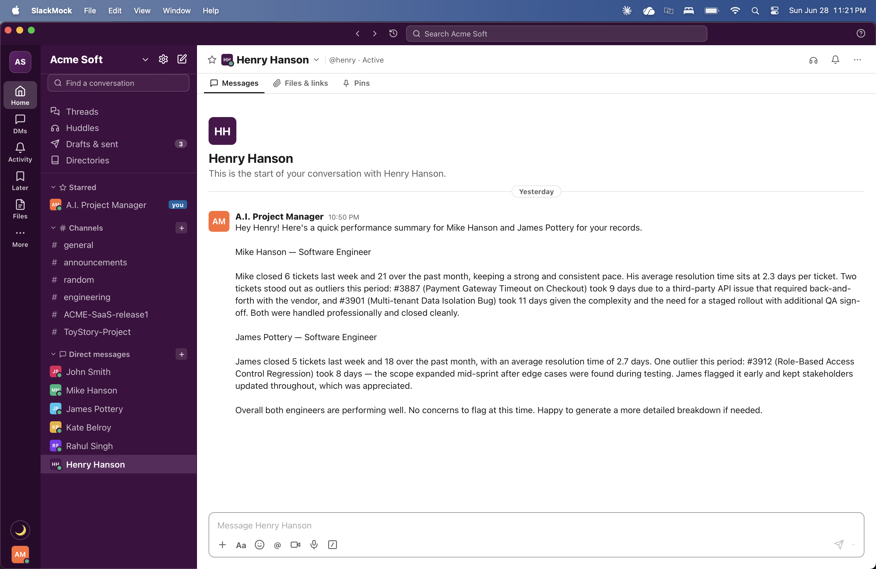 AI Project Manager sending a performance summary to Henry Hanson covering Mike Hanson and James Pottery